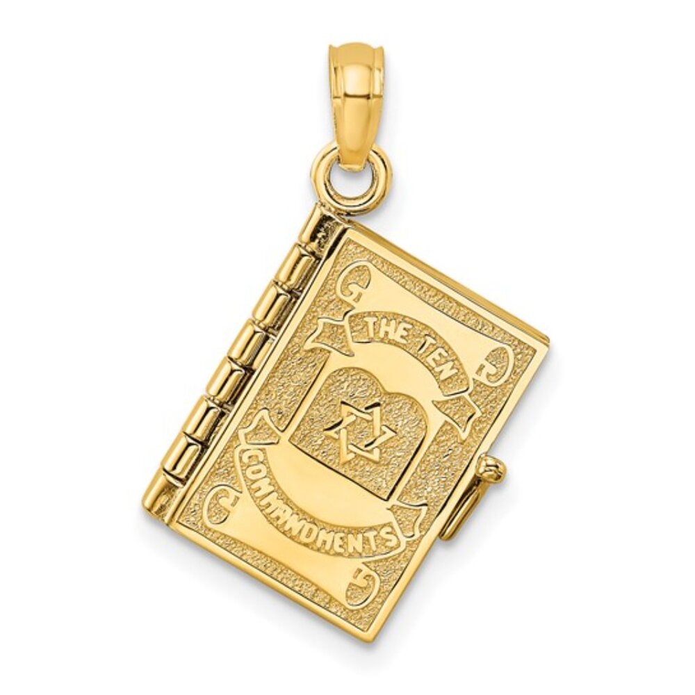 14k Yellow Gold Ten Commandments Book Charm Pendant in Hebrew moveable pages